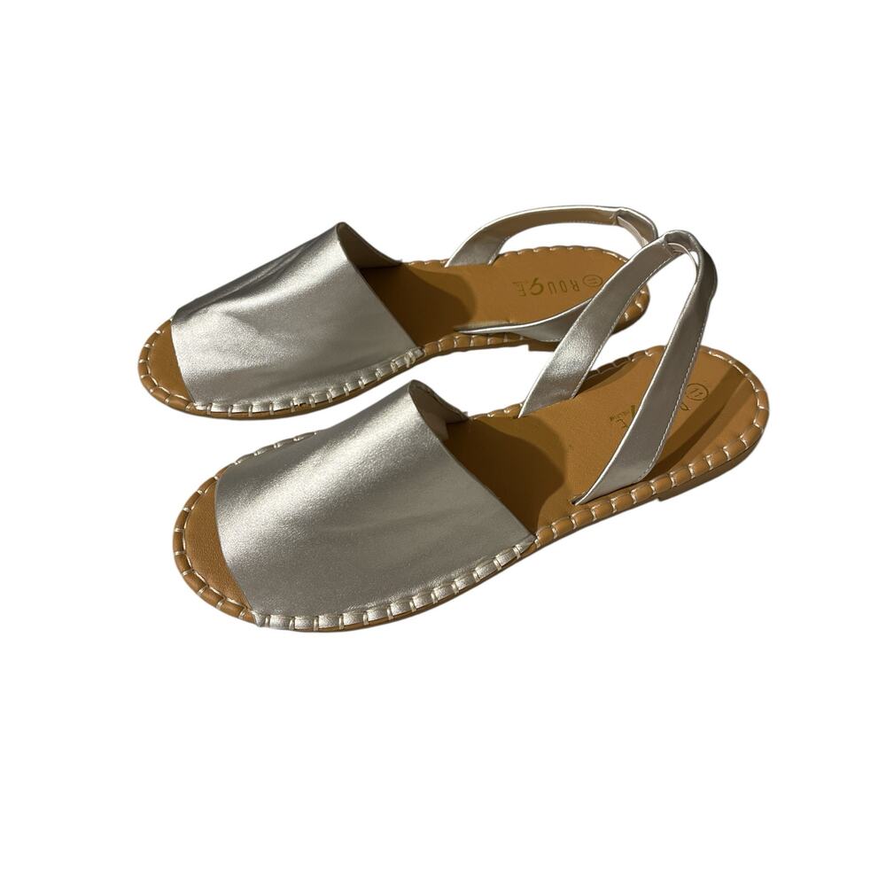Rouge Helium Elastic Slip On Silver Peep Toe Ankle Strap Flat Sandals 11 - Picture 2 of 10